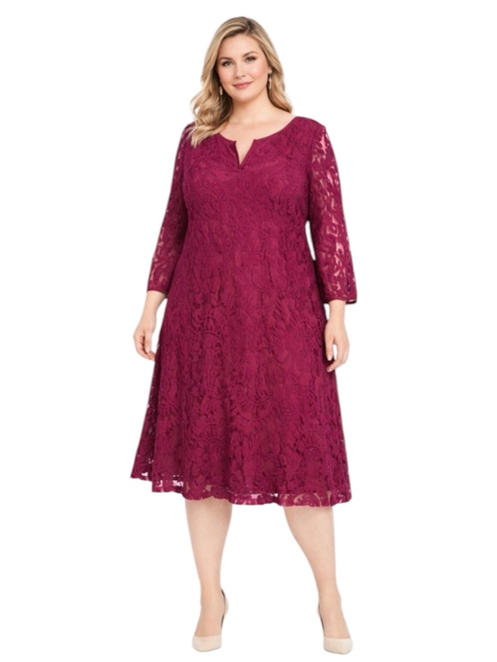Adrianna Papell Women Dress Sheath Magenta Lace Three-Fourth Sleeve  Size 14